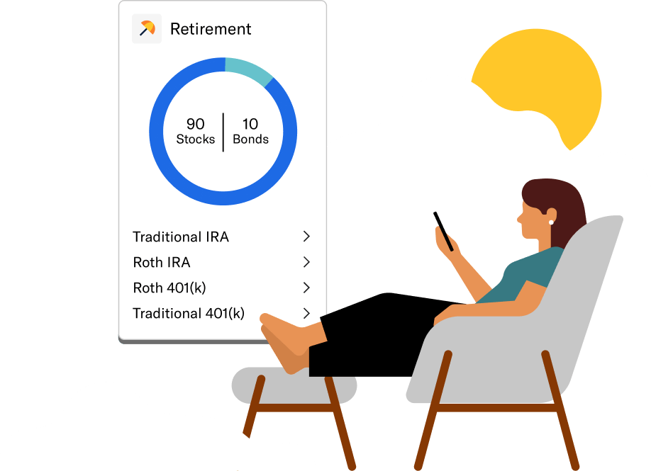 Woman sitting on a chair looking at her various retirement investing accounts.