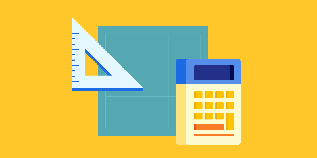 illustration of calculator, grid paper and measuring triangle